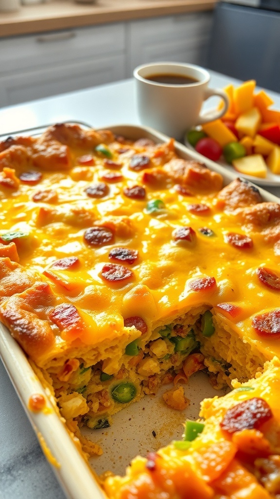 A delicious breakfast casserole with cheese, sausage, and vegetables, served in a rustic dish with a slice cut out.